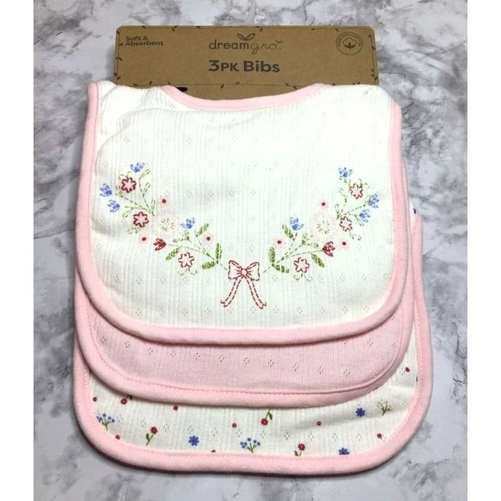 Dream Gro 3 Piece Textured  Baby Bib Set - Floral And Pink Bow